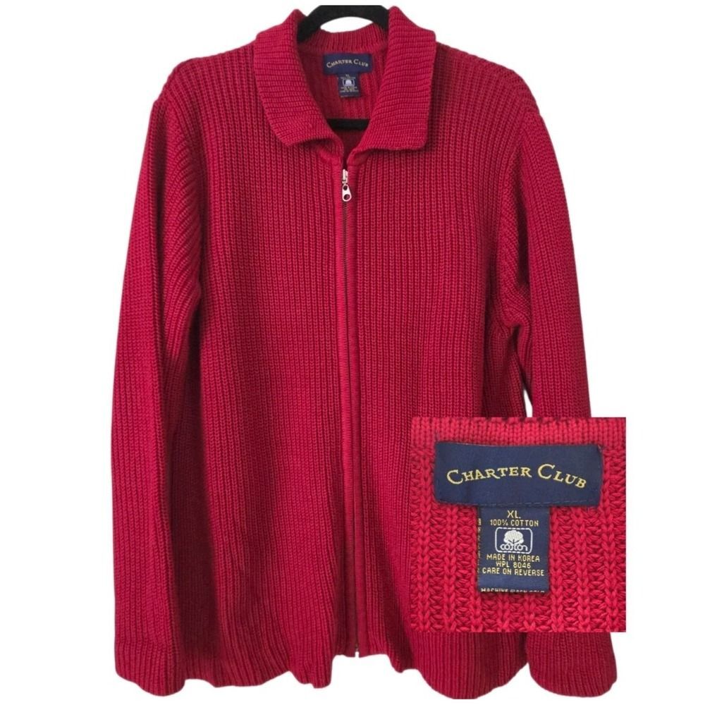 Charter Club‎ Women's Sweater 100% Cotton Full Zip Red Cardigan Size XL